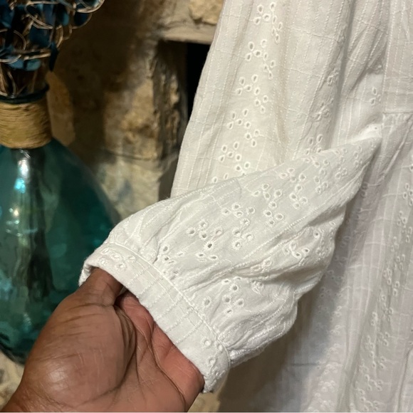 White Long-Sleeve Button-Front Maxi Dress with Eyelet Embroidery - Picture 7 of 11